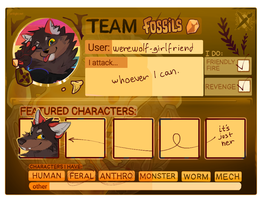 My Team Fossils Art Fight info card.